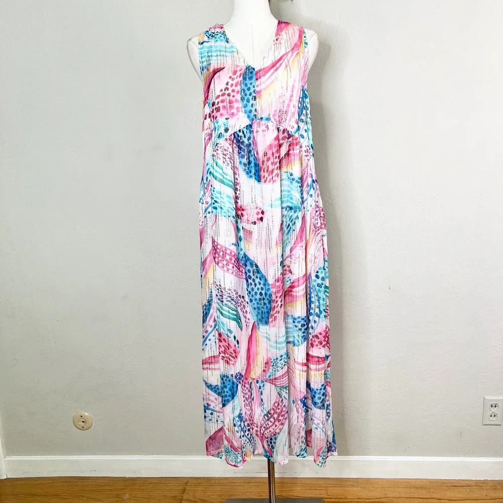CIEBON Maxi Dress XS Colorful Abstract Metallic‎ V-Neck Racerback Tropical NWT